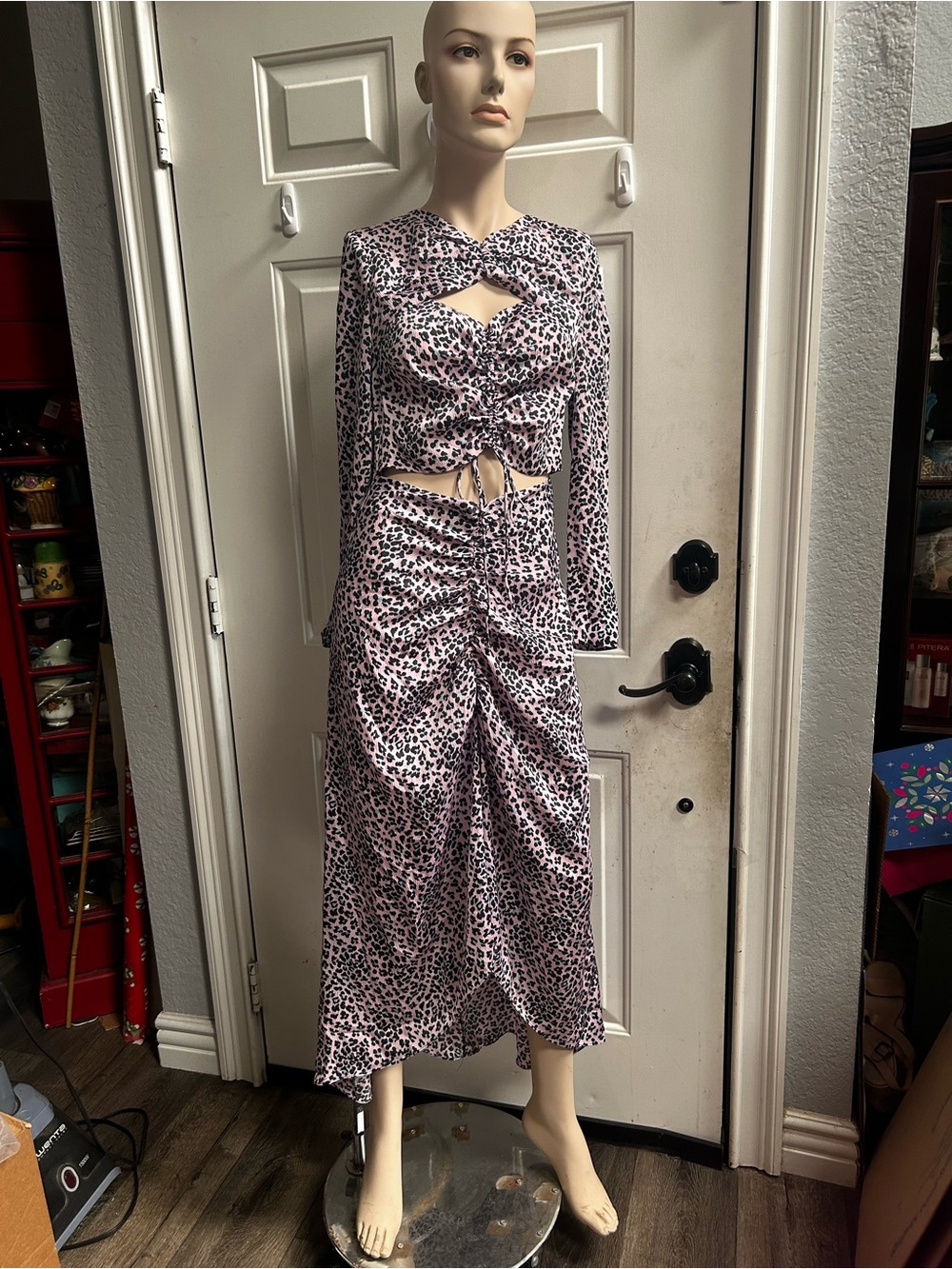 Maje Rave Long Satiny Cut Out Maxi Pink Leopard Print Ruched Maxi Skirt Sz 36
